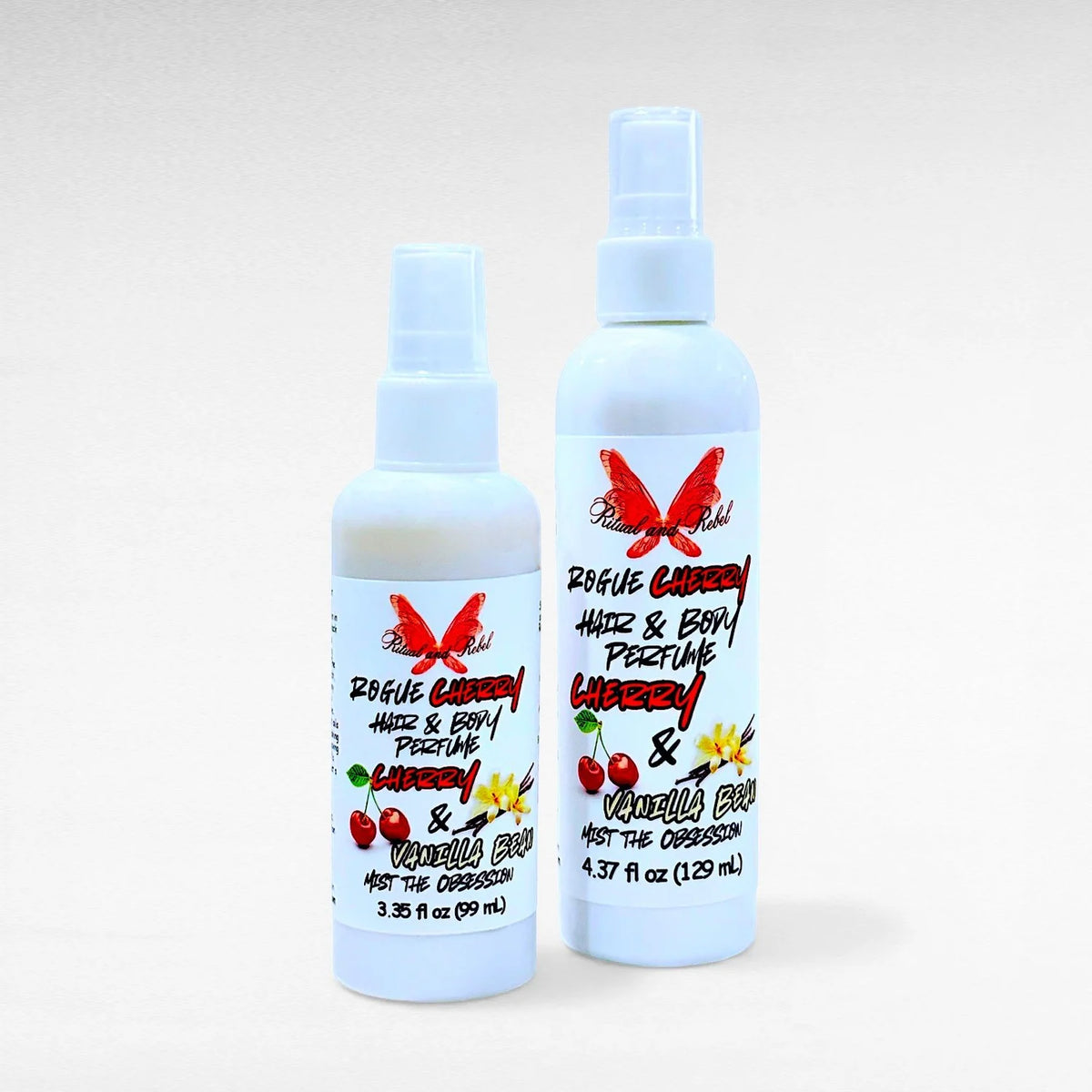 Rogue Cherry hair and body perfume by Ritual and Rebel with cherry and vanilla notes in a spray bottle two different sizes