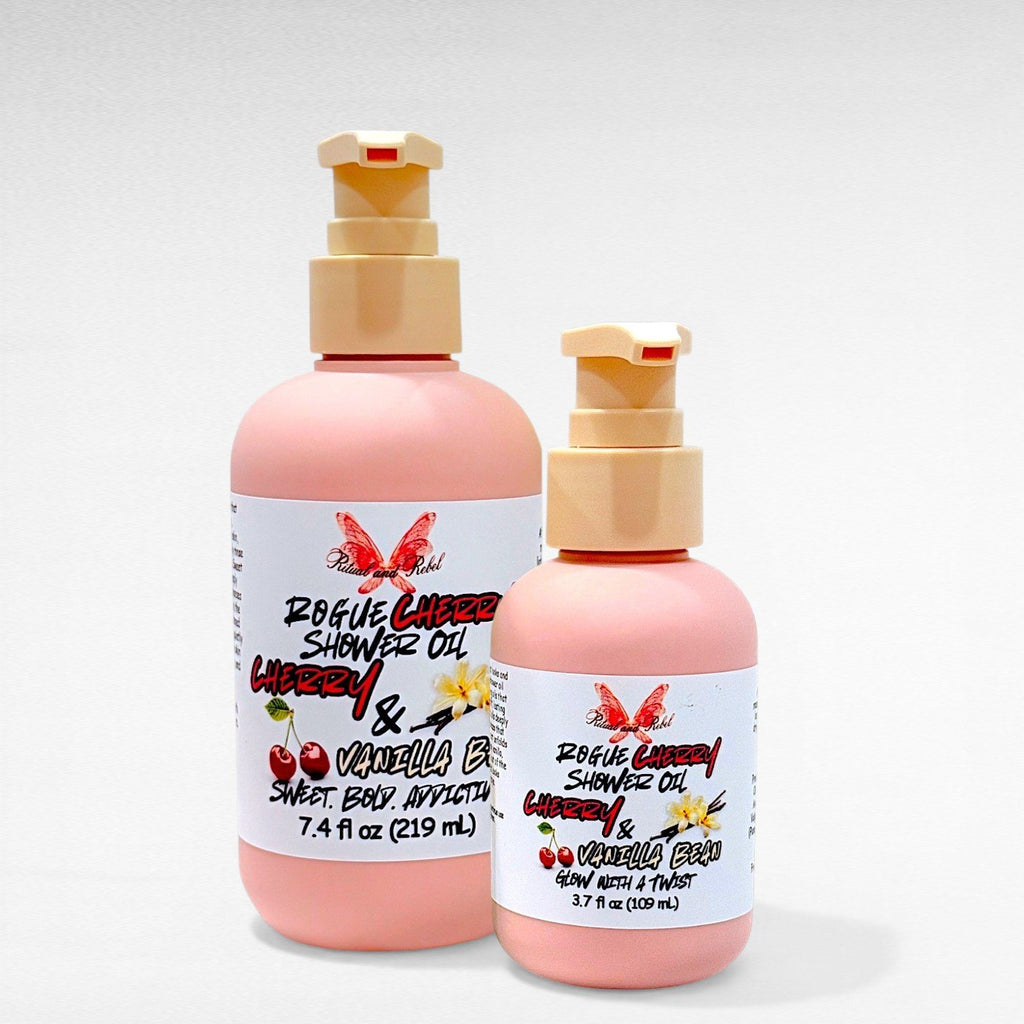 Rogue Cherry Shower Oil by Ritual and Rebel Cherry & Vanilla Bean pink bottles 7.4 and 3.7 fl oz