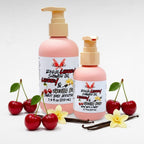 Rogue Cherry Shower Oil by Ritual and Rebel Cherry & Vanilla Bean pink bottles 7.4 and 3.7 fl oz with cherries and Vanilla beans surrounding pump bottles