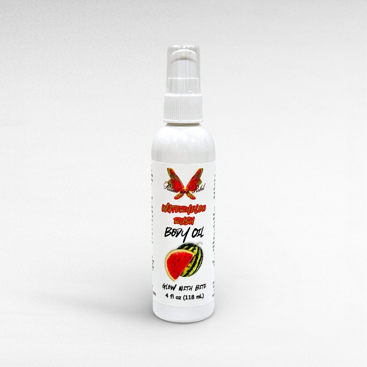 Watermelon Rush Body Oil by Ritual and Rebel white tall bottle with serum pump 4 fl oz
