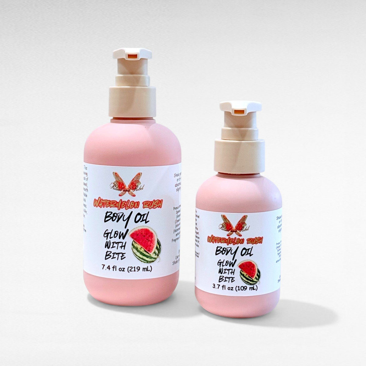 Watermelon Rush Body Oil by Ritual and Rebel 2 pink bottles with pumps 7.4 and 3.7 fl oz