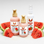 Watermelon Rush Body Oil by Ritual and Rebel 2 pink bottles with beige pumps and 1 white bottle with serum pump watermelon with sugar around bottles