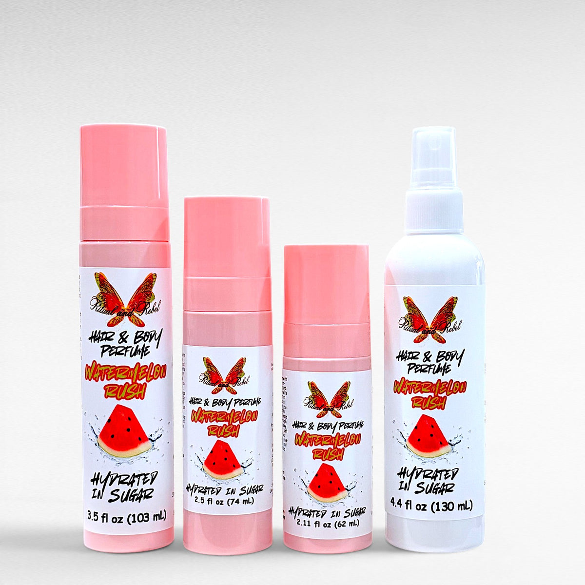 Watermelon Rush Hair & Body Perfume by Ritual and Rebel 3 pink bottles and 1 white bottle sprays