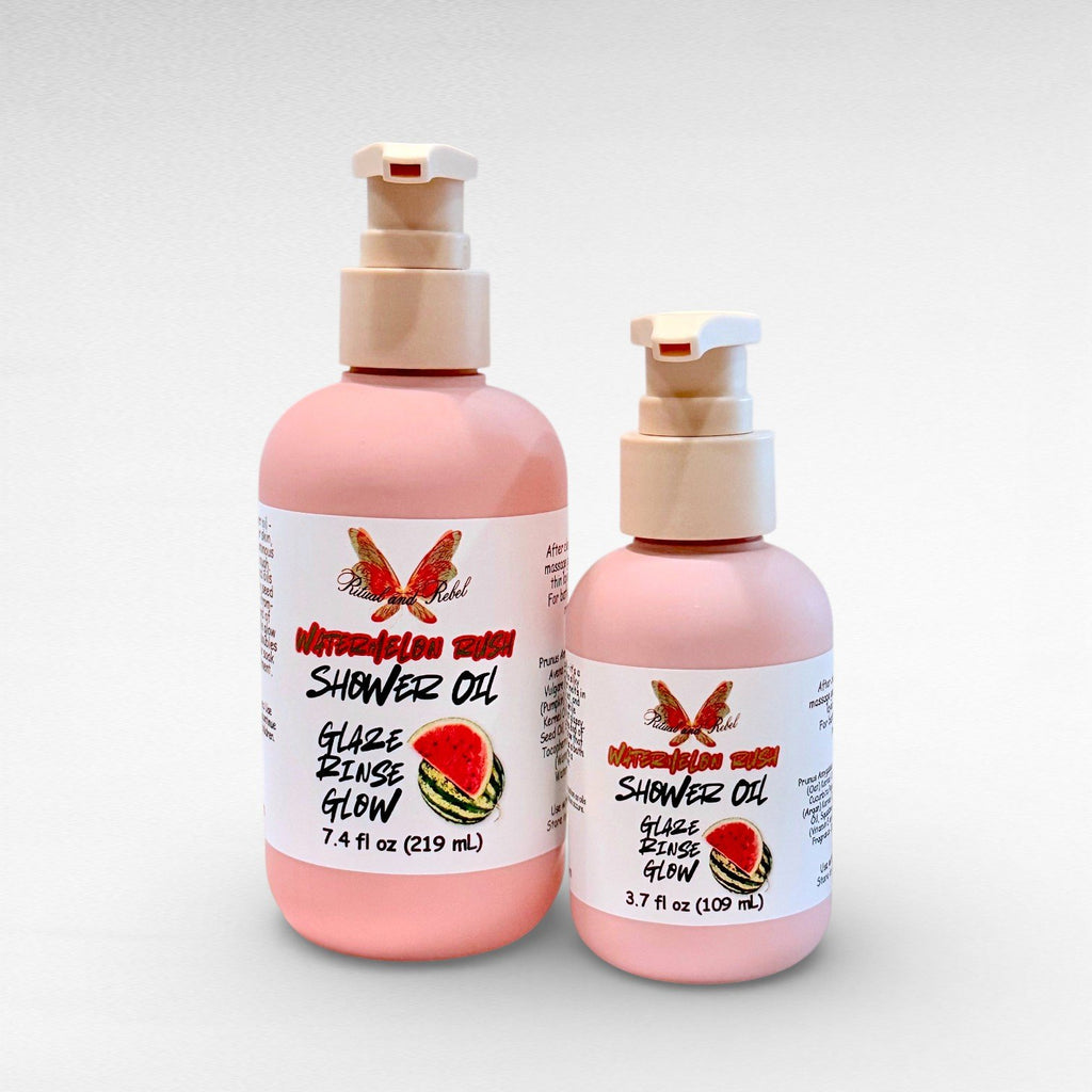 Watermelon Rush Shower Oil by Ritual and Rebel 2 pink bottles with beige pumps 3.7 & 7.4 fl ozs
