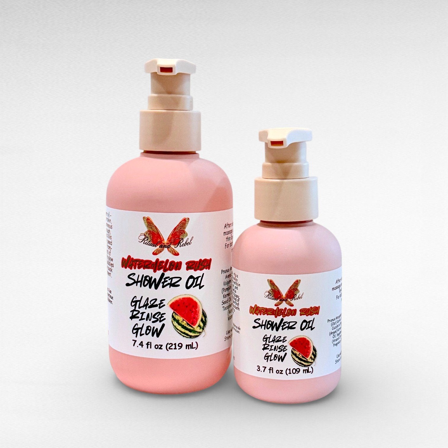 Watermelon Rush Shower Oil by Ritual and Rebel 2 pink bottles with beige pumps 3.7 & 7.4 fl ozs