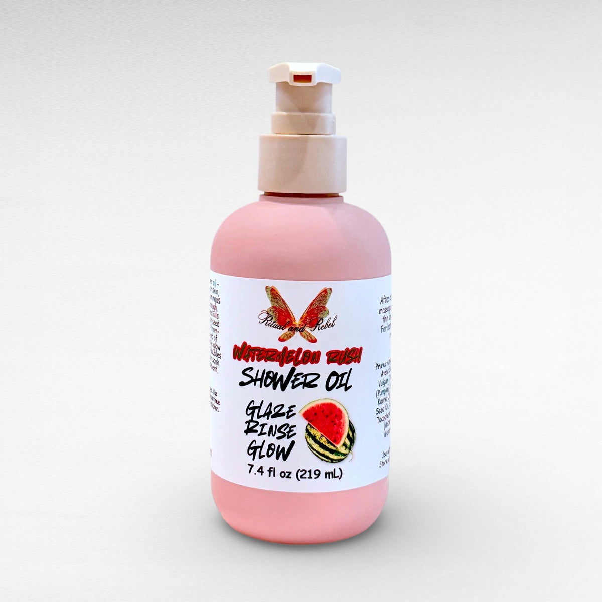 Watermelon Rush Shower Oil by Ritual and Rebel pink bottle with beige pump 7.4 fl oz